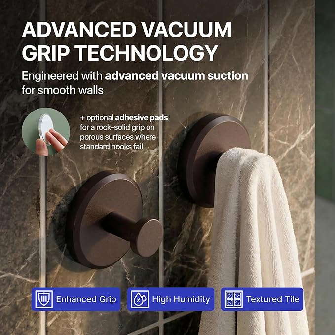 HOME SO Suction Cup Hooks for Shower & Bathroom Towel Holder 2-Pack – Suction Cups Hooks for Hanging Towels, Robes, & Coats - Tiles, Glass Door or Mirror – Shower Hooks & Towel Hooks Organizer -Bronze
