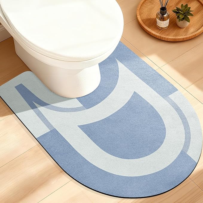 ACCUMTEK Non Slip Bath Mat, Thin Bathroom Rugs Fit Under Door, Quick Dry Bath Mats, Machine Washable Bath Rugs for Bathroom, Bathtub & Kitchen, Blue/Bordered/U-Shaped 24"x20"