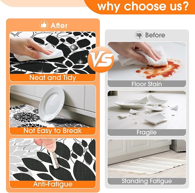 StepLively Kitchen Mats for Floor 2PCS, 0.47" Anti Fatigue Mats for Kitchen Floor, Kitchen Accessories for Sink, Office, Laundry, 17.3"×30"+17.3"×47", White and Black