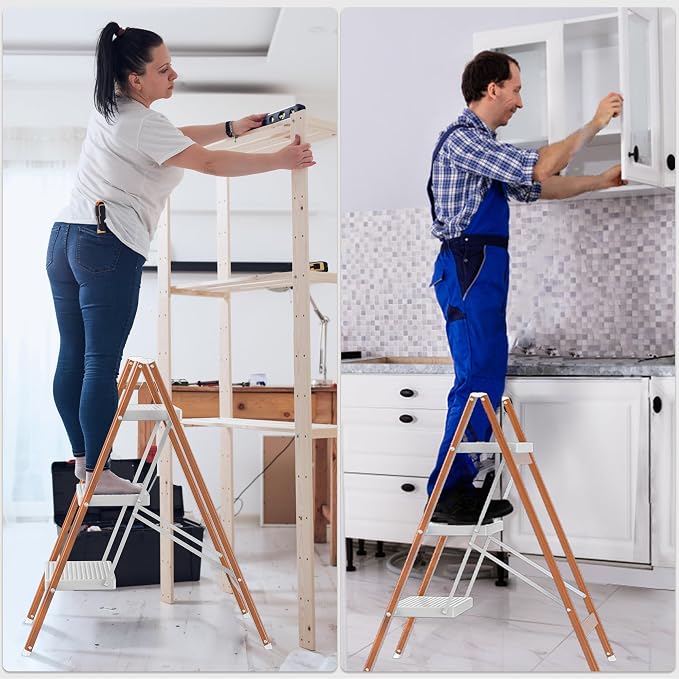 DIAMONDFORGE 3 Step Ladder, Lightweight Folding Step with Wide Anti-Slip Pedal & Feet, 330 lbs Capacity,Sturdy Steel Step Ladder for Home,Office and Library,Light Woodgrain