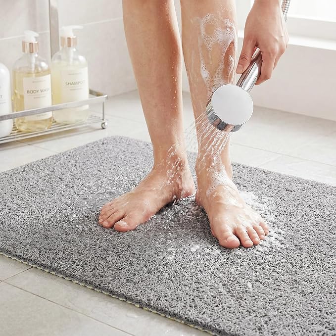 BLESWIN PVC Loofah Shower Mat 32"x16", Soft Textured Non Slip Bath Mats for Inside Shower, Shower Mats with Drain, Washable, Quick Drying Bath Mats for Bathroom Wet Areas, Grey