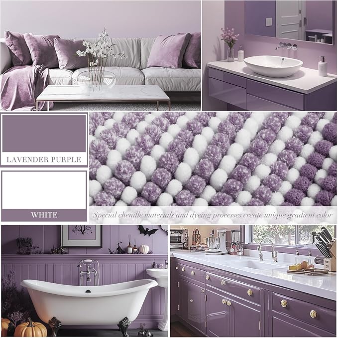 Bathroom Rugs and Mats Sets, 2 Piece Thick Absorbent Chenille Bath Mat Rug Set Non Slip, Soft Shaggy Bath Room Floor Mats for Bathroom, Machine Washable (Lavender Purple, 20" x 60" Plus 20" x 32")