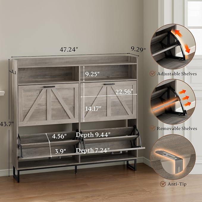 BORNOON Shoe Cabinet with 4 Flip Drawers Narrow Shoe Storage Cabinet Organizer Wooden Freestanding Shoe Rack Hidden Slim Shoes Storage Cabinet for Entryway, Hallway, Living Room, Bedroom