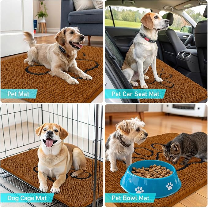 OLANLY Dog Door Mat for Muddy Paws 30x20, Paw Print Design, Absorbs Moisture and Dirt, Absorbent Non-Slip Washable Doormat, Quick Dry Chenille Mud Mat for Dogs, Entry Indoor Entryway Carpet, Ochre