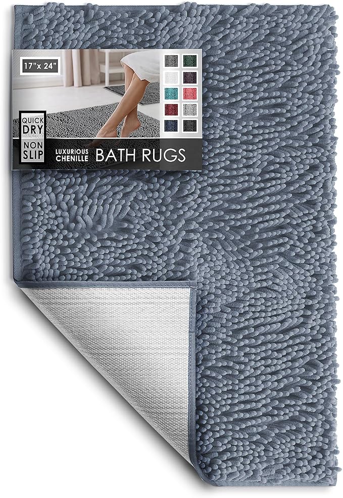 Hearth & Harbor Bathroom Rugs, Chenille Bath Mat - Machine Washable Bath Mats for Bathroom Non-Slip Backing Rubber, Quick Dry Bathroom Mat, 17 x 24 - Stone Blue