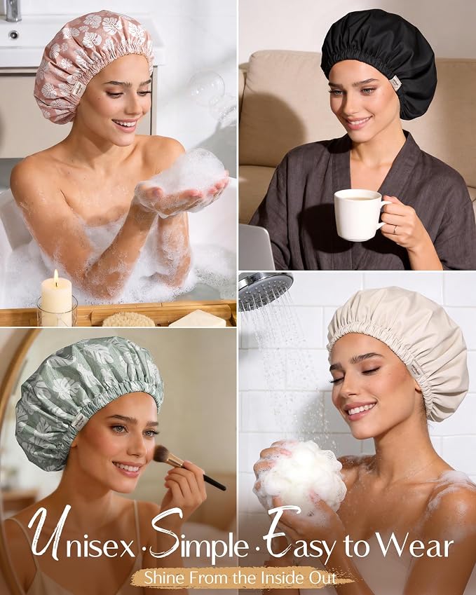 Yanibest Satin Lined Shower Cap for Women Reusable Waterproof, Frizz Free & Large Bath Cap with Soft Elastic Band, Luxury Hair Protection Caps (Green Leaves)