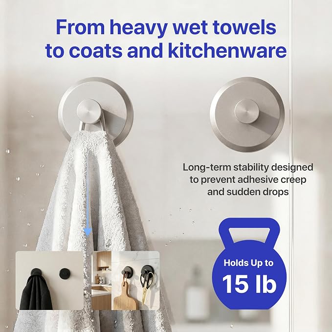HOME SO Suction Cup Hooks for Shower & Bathroom Towel Holder 2-Pack – Suction Cups Hooks for Hanging Towels, Robes, & Coats - Tiles, Glass Door or Mirror – Shower Hooks & Towel Hooks Organizer -Nickel