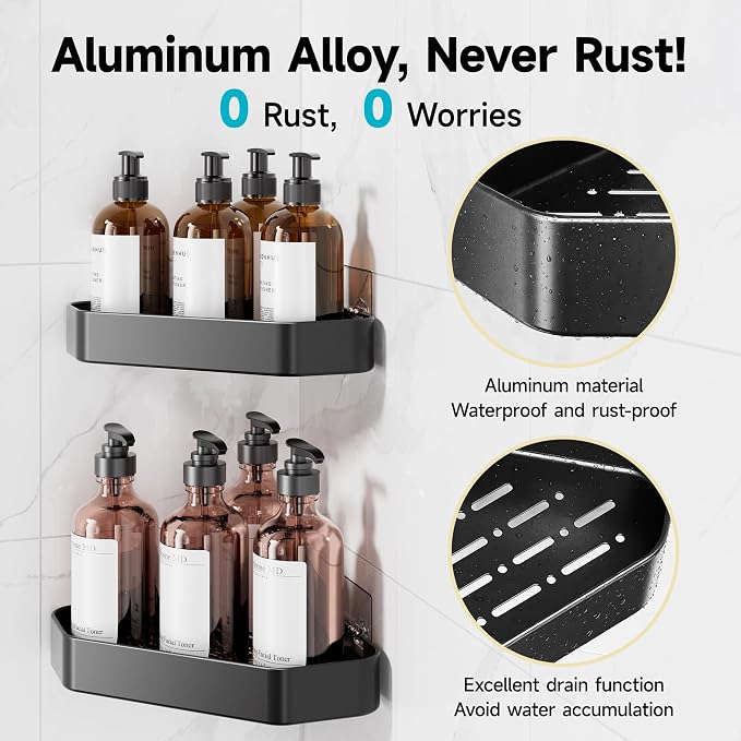 Veken Aluminum Corner Shower Caddy 4-Pack, Never Rust, No Drilling Adhesive Shelves, Stainless Rack with Soap Holder, Bathroom Organizers and Storage, Wall-Mounted Kitchen & Home Decor, Black