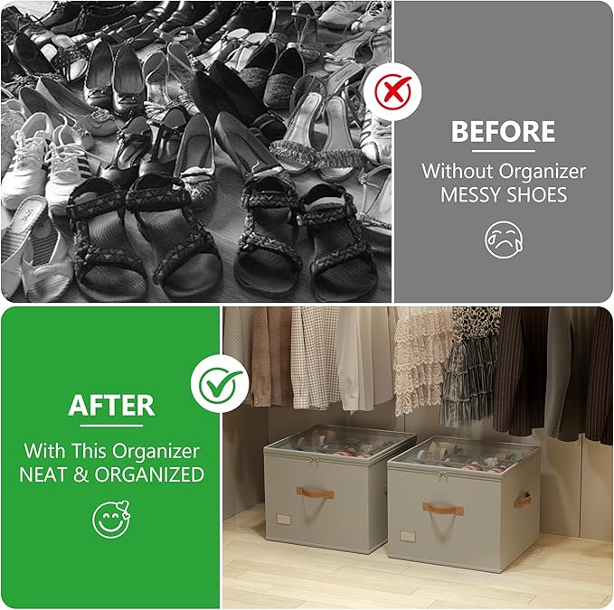 Vincona Shoe Organizer for Closet,2 Pack Shoe Storage Bins Foldable Shoe Storage Box Containers with Clear Cover and Sturdy Handles,Shoe Rack for Closet Storage for Sneakers Heels Slippers (Grey)
