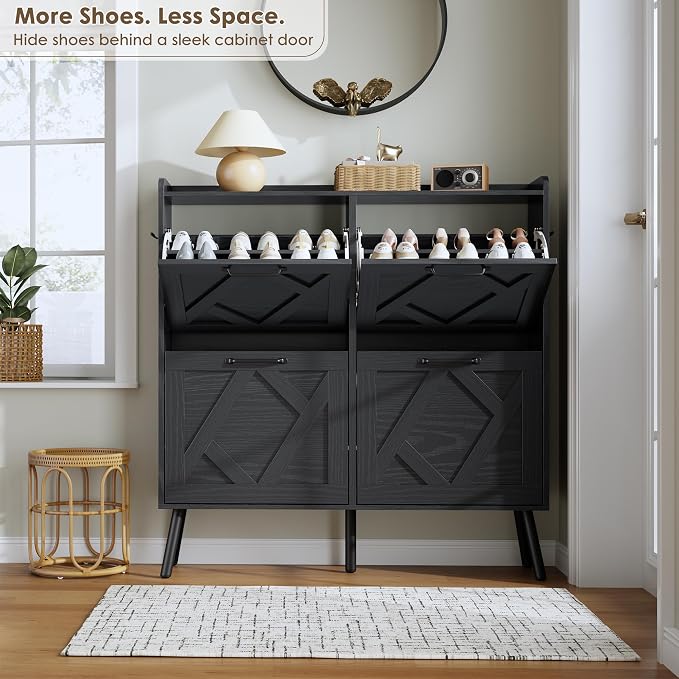 Nicetree Shoe Cabinet with 4 Flip Drawers, Hidden Shoe Rack Cabinet with Metal Legs, Farmhouse Narrow Shoe Storage Cabinet for Entryway, Foyer, Hallway, Black