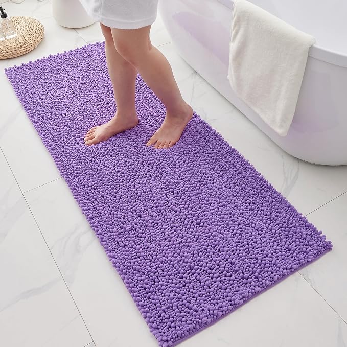 Bathroom Rugs Non Slip Washable 55x24, Extra Thick Soft Chenille Absorbent Bath Mat, High Density Barrier Non Slip Backing, Quick Dry Plush Shaggy Floor Carpet for Tub&Shower, Purple