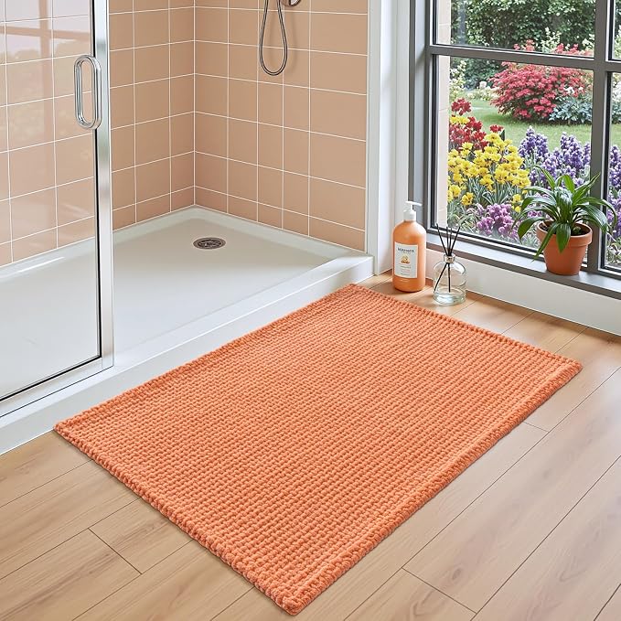 DEXI Bathroom Rugs 43x24, Non Slip Washable Bath Mat, Absorbent Chenille Bathmat, Ultra Soft Thick Carpet for Tub Shower Floor, Orange