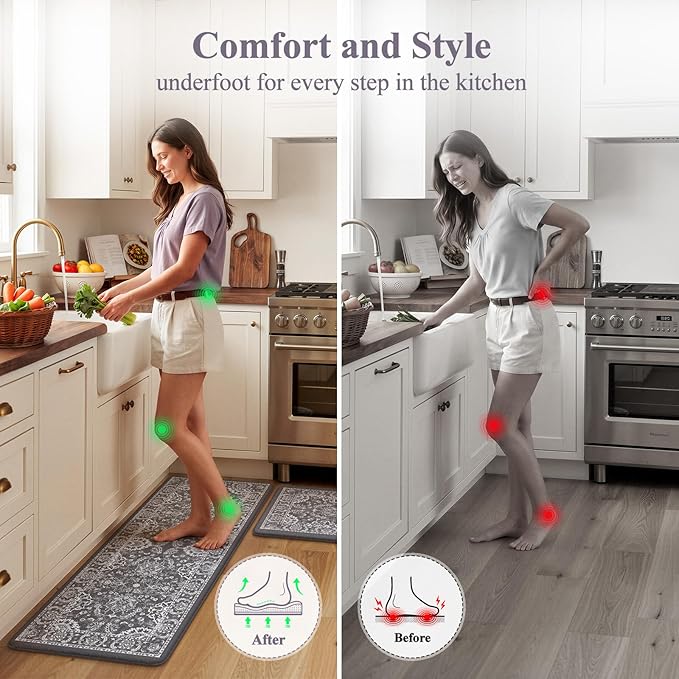 KIMODE Comfort Kitchen Mats for Floor Cushioned Anti Fatigue 2 Piece,Boho Floral Kitchen Rugs Non Slip,Waterproof Memory Foam Kitchen Mat Carpet for Laundry Office Home,Dark Grey 17"x29.5"+17" x47”