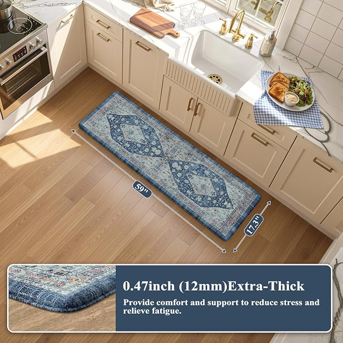 Collive Boho Kitchen Floor Mats, Cushioned Anti Fatigue Kitchen Runner Rugs, Comfort Non Slip Standing Mats for Floor, Laundry, Office, Sink, 17.3''x59'' Dark Blue
