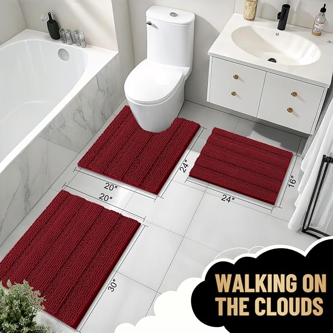 OLANLY Thick Bathroom Runner Rugs 44x24, Extra Absorbent Chenille Striped Bath Rugs, Rubber Backing, Machine Wash Dry, Long Bath Mats for Bathroom Floor, Tub and Shower, Home Decor Accessories, Red