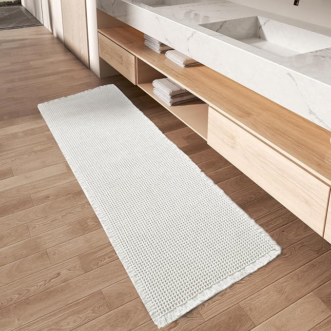 AMOAMI Waffle Runner Rug Super Absorbent Non Slip Bath Mats for Bathroom Floor, Machine Washable Boho Bathroom Runner Rug with Tassels, Ideal for Hallway Bedroom Laundry Room, 2'x 4'