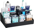 Vtopmart 5 PCS Bathroom Countertop Organizer, 1 Divided Tray with 4 Qtip Holder Jars, Restroom Clear Organizers for Toothbrush, Cotton Pads Balls, Floss, Bathroom Vanity Accessories Storage Set, Black