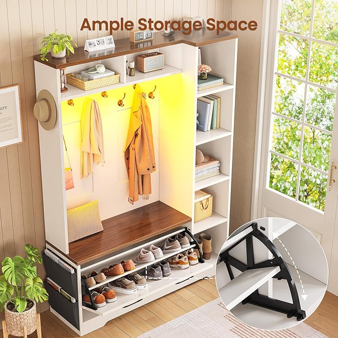 Itaar Hall Tree with Bench and Shoe Storage, Farmhouse Entryway Bench with Coat Rack, Shoe Cabinet with Flip Drawers, 7 Shelves, 10 Coat Hooks, Storage Bag, Led Lights, White