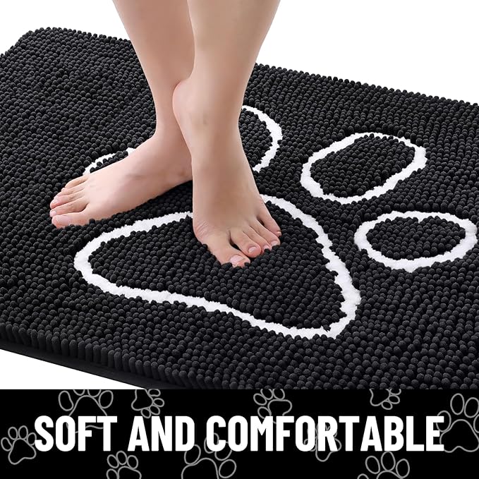 Smiry Dog Door Mat for Muddy Paws, Absorbent Dirt Trapper Non Slip Quick Dry Washable Chenille Mat for Mud Dogs, Entry Rug for Indoor and Outdoor (47x32 Inches, Black and White)