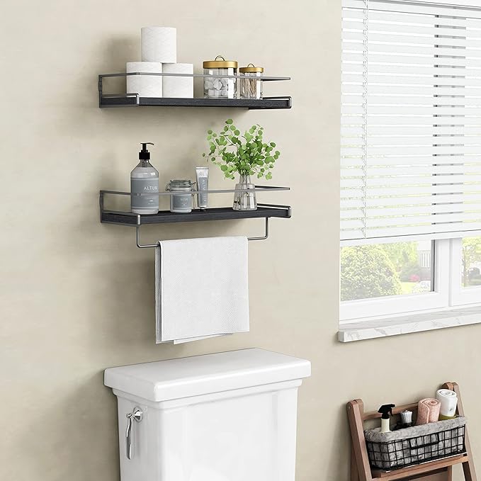 Forbena Black Floating Shelves for Bathroom Wall Set of 2, Kitchen Spice Rack Wall Mount, Modern Wood Hanging Wall Shelves for Bedroom Organizer, Restroom Pantry Closet Storage (Grey-Black)