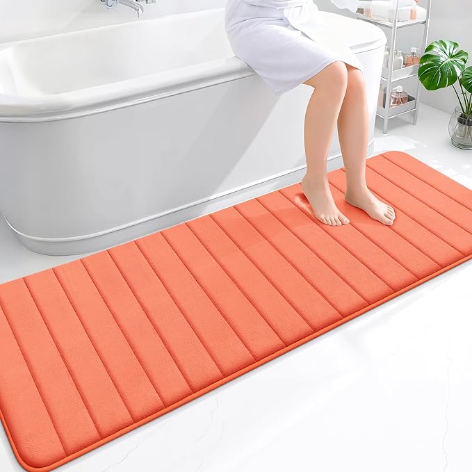 OLANLY Memory Foam Long Bathroom Rugs Runner 70x24, Super Soft Absorbent Bath Mat, Quick Dry, Machine Washable Shower Floor Rugs, Bathmat Carpet, Bathroom Home Decor Accessories, Coral