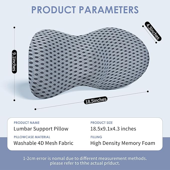 kasney Lumbar Support Pillow, Back Pillow for Low Back Pain Relief, Ergonomic Streamline Car Seat, Office Chair, Recliner and Bed (Gray)