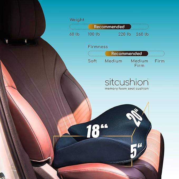 SitCushion Car Seat Cushion for Long Driving – X Large Memory Foam Seat Cushion for Sciatica & Tailbone Pain Relief, Orthopedic Coccyx Cushion with Non-Slip Bottom, Back Pillow for Car, Truck (Black)