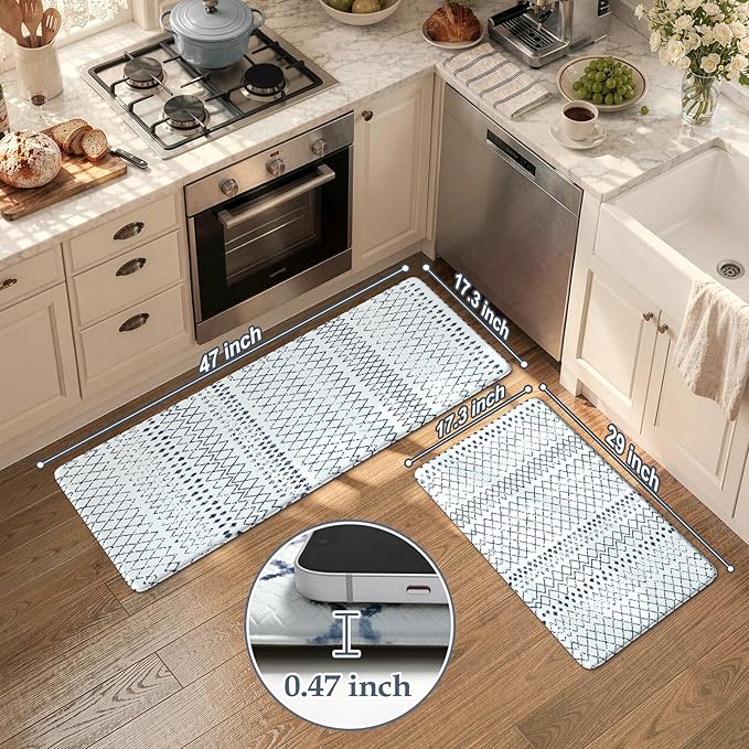 KIMODE Kitchen Mats 2PCS Cushioned Anti Fatigue Boho Kitchen Rugs and Mats Non Slip Waterproof Kitchen Mats for Floor Comfort Foam Standing Desk Mat for Home Office Sink Blue White Laundry Room Decor
