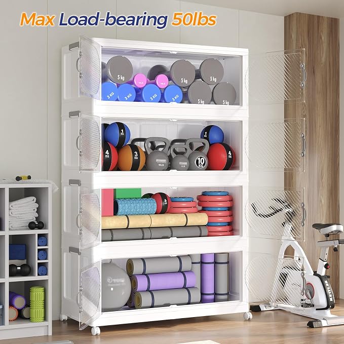 640QT Extra Large Stackable Storage Bins with Lid, 160Gal Plastic Closet Organizers and Storage Drawer, Collapsible Cabinet Box with Wheels Clear Doors for Home Kitchen Office, 4Pack White