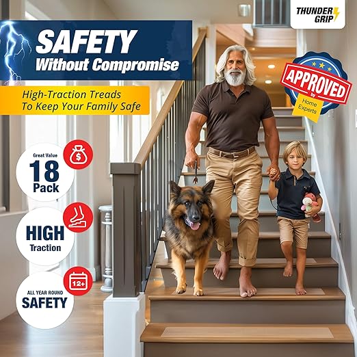 Clear Stair Treads Non-Slip 24"x4" - 18-Pack Indoor Stair Grips Non Slip for Wooden Steps - Anti Slip Adhesive Strips for Dogs & Elderly - Staircase Step Treads - Transparent Treads for Wood Stairs