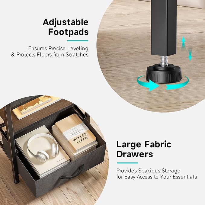 Lazzanto Night Stand Bedside Charger Bedroom - Nightstand with Charging Station & LED Light Strip, Night Stand with Storage Shelf & 3 Fabric Drawers, Morden End Table with U-S-B Ports & AC Outlets