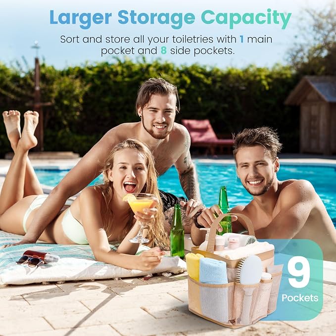 Shower Caddy for College Dorm Room Essentials for Girls with 9 Pockets,Large-Capacity Shower Basket,Quick Dry Toiletry Tote Bag for Women,Outdoor Gym,Travel,Swim,Beach Camping Essentials-Brown