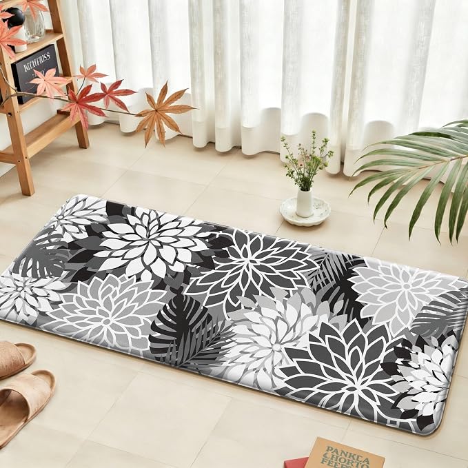 Arenarug Kitchen Mats for Floor 2PCS Cushioned Anti Fatigue Kitchen Mats Waterproof Non Slip Kitchen Mat Rug Set Comfort Foam Standing Mat for Sink, Laundry, Office, 24"x39"+24"x59", Black White