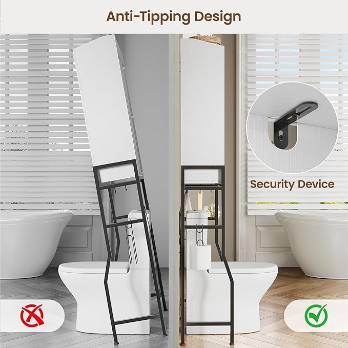 Memobarco Over The Toilet Storage Cabinet, Over Toilet Organizer with 2-Door & Metal Stand, Bathroom Organizers and Storage with Adjustable Shelves for Bathroom, Restroom, Laundry, White