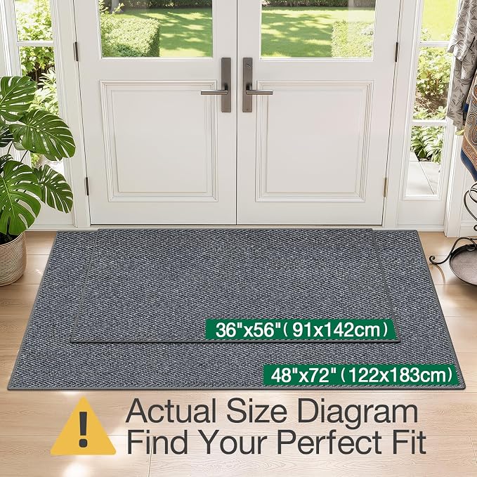LUMI Ultra Thin Indoor Door Mat for Entrance 48"x72", Non Slip Entryway Mat, Low Profile Doormat, Unique Herringbone Design Carpet for Inside, Patio, Porch, Navy Gray