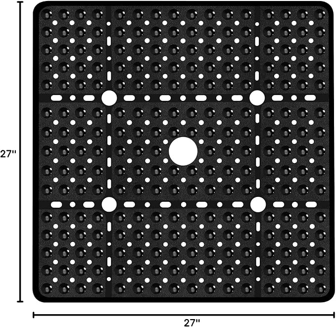 Large Square Shower Mat 27 x 27 Inch Black, Non Slip Shower Bathtub Mats for Inside Shower With Big Suction Cups Drain Holes, Anti Slip Bathroom Floor Shower Stall Mats, Easy Clean, BPA-Free