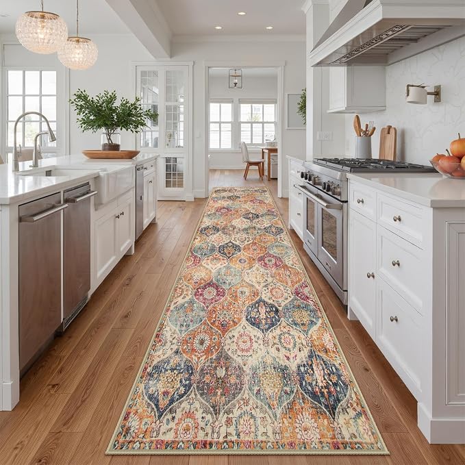 Lahome Moroccan Washable Runner Rug 2x10, Kitchen Runners for Hallways Rubber Backing Ultra-Thin Vintage Hallway Rug Non-Slip Carpet for Entryway Bedroom Laundry Room Elise, Cream/Multi