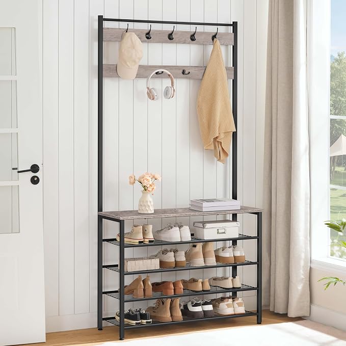 HOOBRO Hall Tree, Coat Rack with Shoe Rack, 39.4" Hall Tree with Bench, 5 Tier Shoe Storage Organizer with 9 Hooks for Entryway, Closet, Sturdy, Industrial, Greige and Black BG801MT01