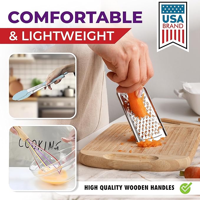 Kaluns 50 PCS Silicone Kitchen Utensils Set Complete Kitchen Set - 800°F Heat Resistant Non-Stick Premium Silicone Cooking Utensils W Wooden Handles - Can Opener, Masher, Turner, Silicone Spatula Set