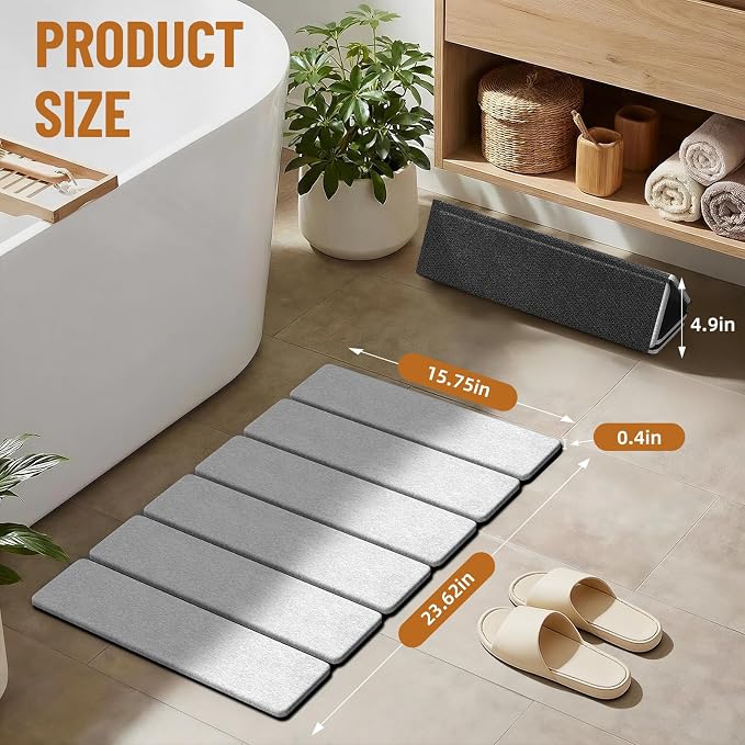 Luxspire Stone Bath Mat Foldable, Quick Drying Diatomaceous Earth Bath Mat for Bathroom, Large Bathroom Rug with Non-Slip Rubber Base, Stone Drying Mat for Kitchen Counter, 24 x 16 in, Light Gray