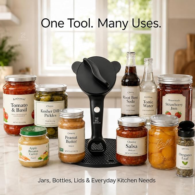 Jar Opener for Seniors with Arthritis, Easy Grip Adjustable Lid & Bottle Opener Set with Non-Slip Silicone Pad & Stainless Steel Hook, Black