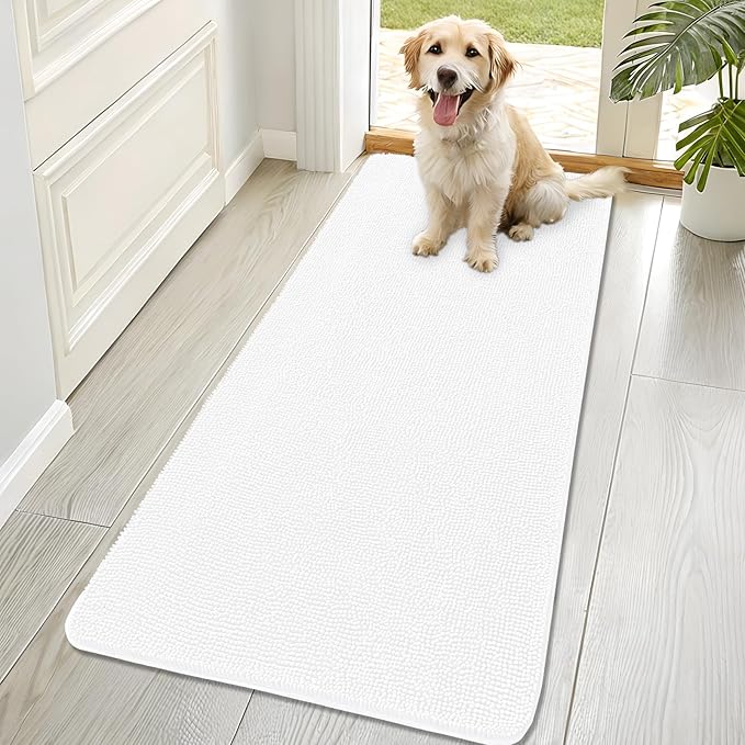 OLANLY Dog Door Mat for Muddy Paws 70x32, Absorbs Moisture and Dirt, Absorbent Non-Slip Washable Doormat, Quick Dry Chenille Mud Mat for Dogs, Entry Indoor Entryway Carpet for Inside Floor, White