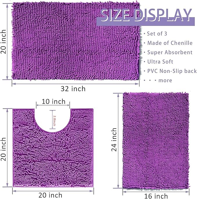 RUN HELIX Purple Bathroom Rugs Sets 3 Piece Non Slip Extra Absorbent Shaggy Chenille Bathroom Rugs and Mats Sets, Soft & Dry Bath Rug/Mat Set for Bathoom Mats