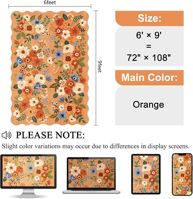 DUKINO 6x9 Area Rug, Floral Washable Rugs for Living Room with Non Slip Backing & Non-Shedding, Lightwight Low Pile Boho Design Large Carpets for Bedroom, Living Room, Dining Room, Orange