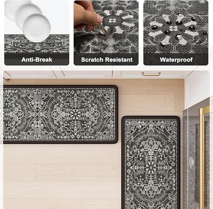 KIMODE Kitchen Mats Cushioned Anti Fatigue, Boho Vintage Kitchen Rugs Sets of 2, Non Slip Kitchen Mats for Floor, Memory Foam Kitchen Floor Mat for Sink Laundry Desk Black Multi 17"x47"+17"x29"