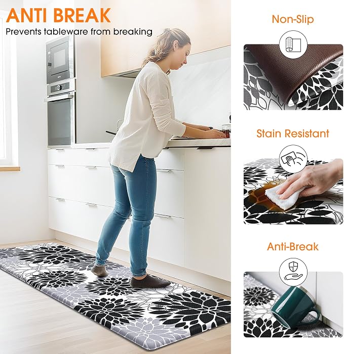 StepLively Kitchen Mats for Floor 2PCS, 0.47" Anti Fatigue Mats for Kitchen Floor, Kitchen Accessories for Sink, Office, Laundry, 17.3"×30"+17.3"×47", White and Black