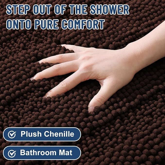 Grandaily Chenille Striped Bathroom Rugs 59x20, Extra Thick and Soft Absorbent Bath Mats, Rubber Backing, Plush Shaggy Shower Carpet, Machine Wash Dry, Bath Rug for Bathroom, Dark Brown