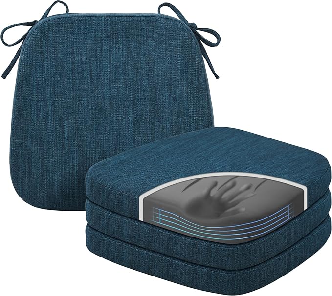 baibu Kitchen Chair Cushions Set of 4, Dual-Layer Patented Design Memory Foam Dining Chair Pads with Ties and Washable Cover, 4 Pack, 17" x 16" x 2", Blue