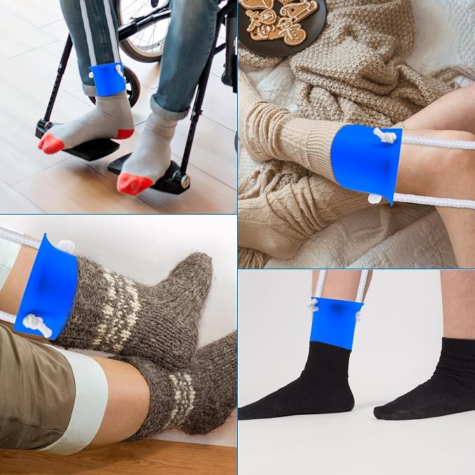 Jellas 4.0 Inch Wide Sock Aid Kit - Long Rope Assist Device for Seniors, Limited Mobility, Post-Surgery | No Bend Sock Helper & Remover | Easy On/Off Socks Tool (Blue)
