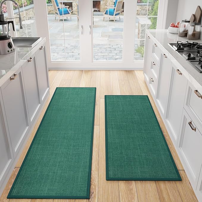 SUMLANS Kitchen Mat Set of 2 PCS, Christmas Cushioned Non Slip Rugs for Kitchen Floor, Absorbent Runner Comfort Standing Mats Washable for Kitchen, Office, Home (Green, 17.3"x47"+17.3"x71")